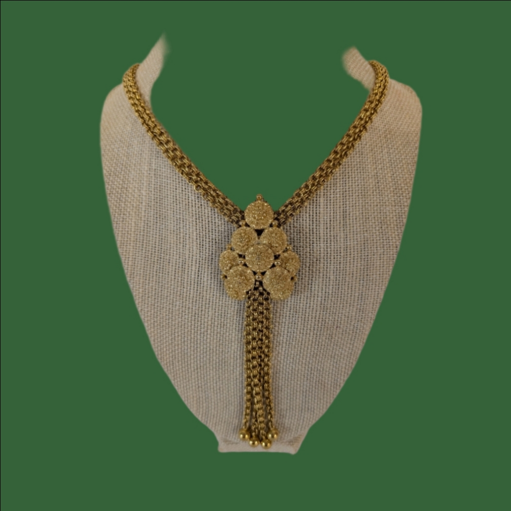 Vintage Necklace Crown Trifari Gold Tone Layered Double Strand Floral Pendant